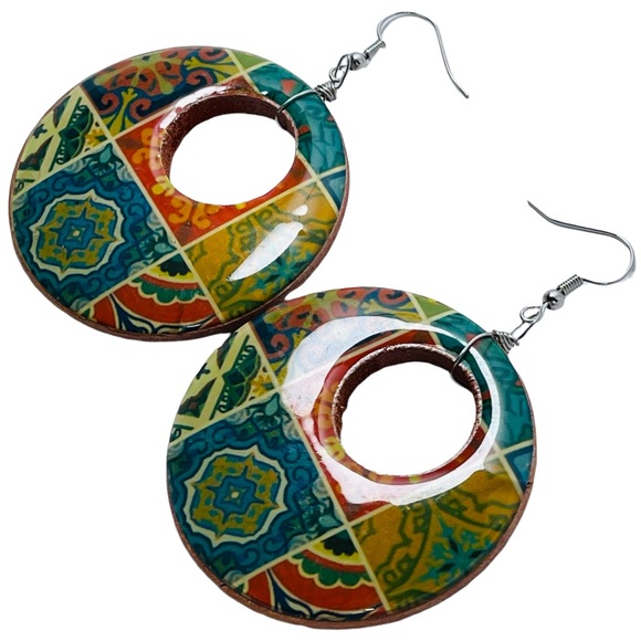 Large boho hippie textile colorful circle earrings NEW - Picture 3 of 5